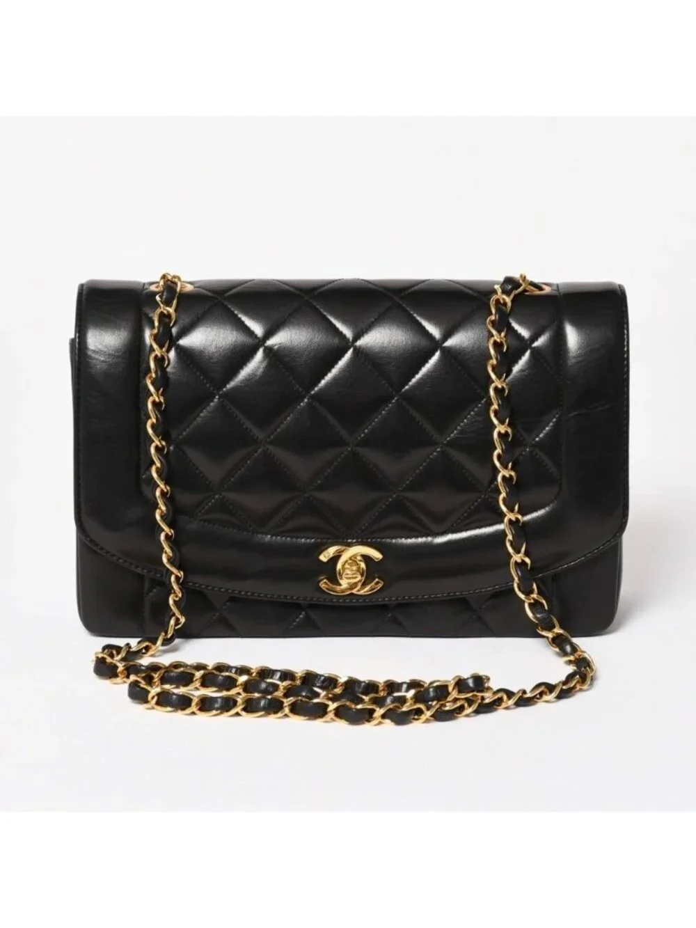 Chanel Diana Quilted 25 S Flap S Chain Shoulder Bag CC Logo Lambskin Black